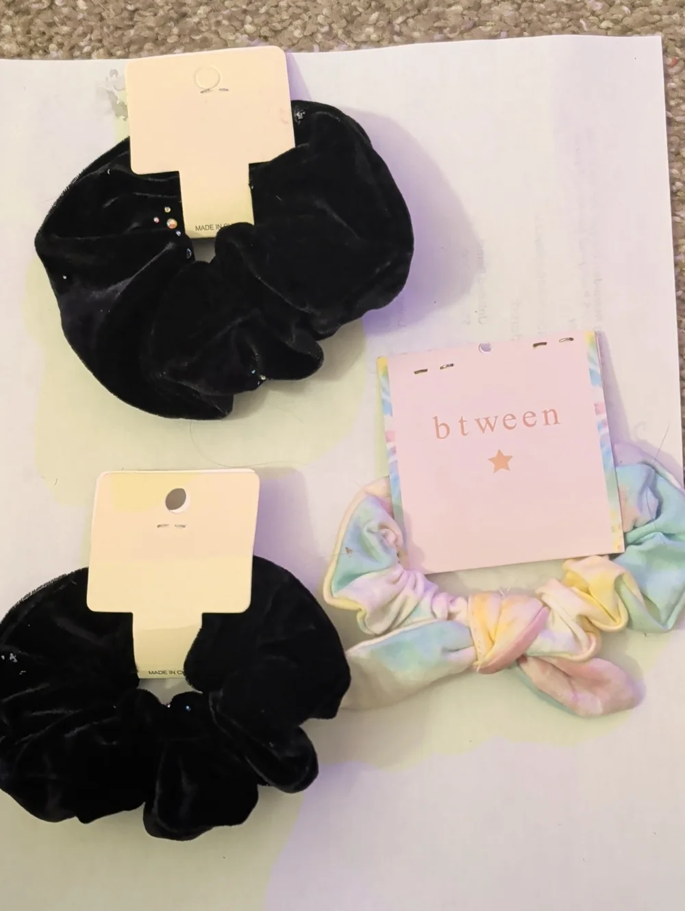 3 Pack Of Scrunchies Black Velvet Rhinestone Scrunchie -btween Tie Die